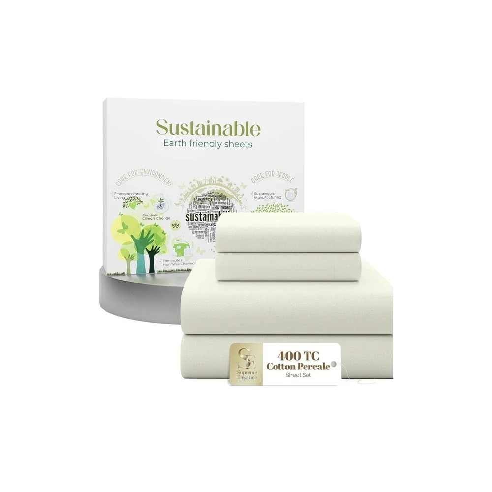 12N28/ SUPREME ELEGANCE 4 Pcs 100% Cotton King Size Sheets Set, Light Ivory, 400